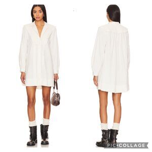 Free People Cherry Mini Shirt Dress White Linen Cotton Poplin Fabric NEW Large